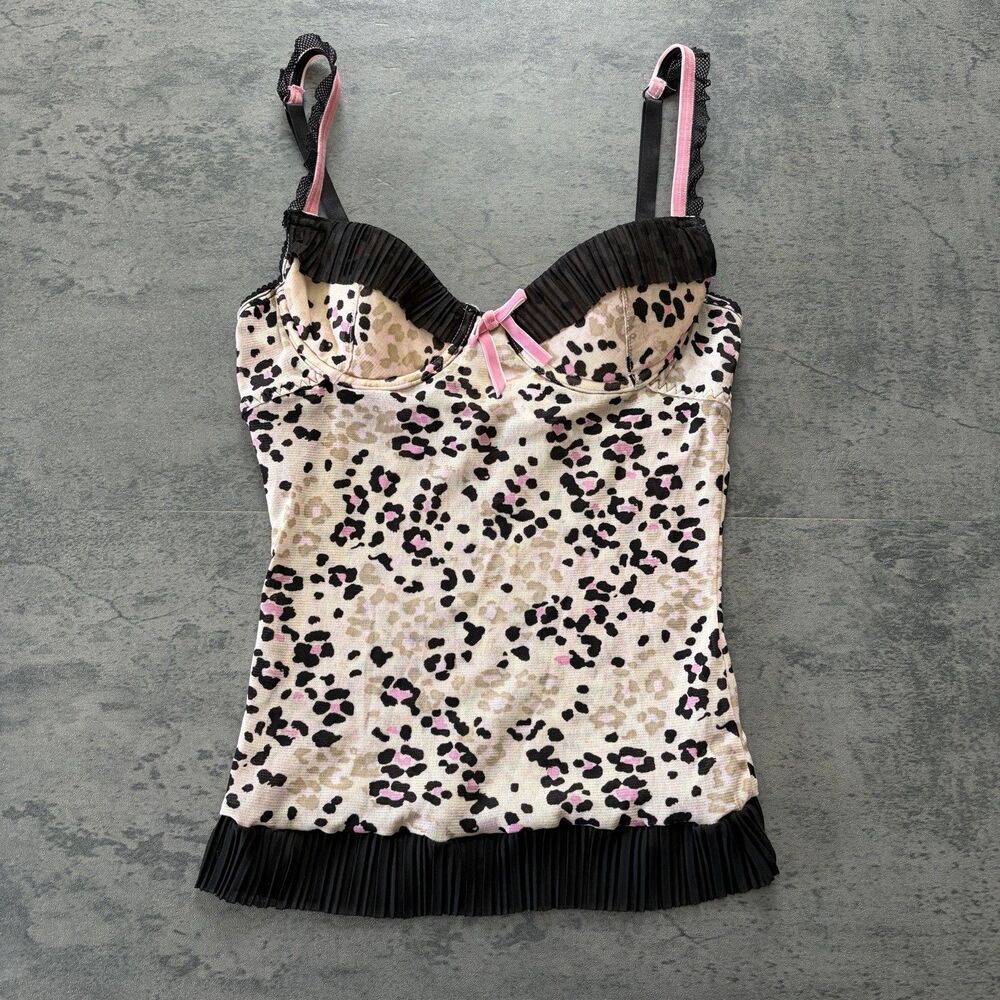 VTG 2000s Rampage Leopard Mesh Slip Dress Ruffle Babydoll Chemise Y2K McBling